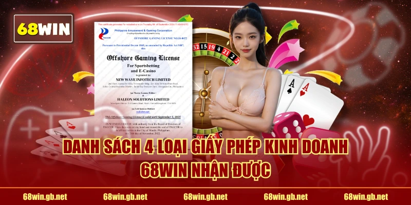 Danh sách 4 loại giấy phép kinh doanh 68WIN nhận được